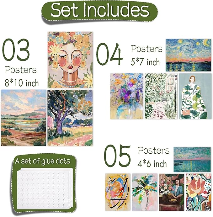 JJY 12 Pcs Colorful Vintage Eclectic Wall Art Prints - Retro Modern Abstract Aesthetics Gallery Wall Decor - Unframed