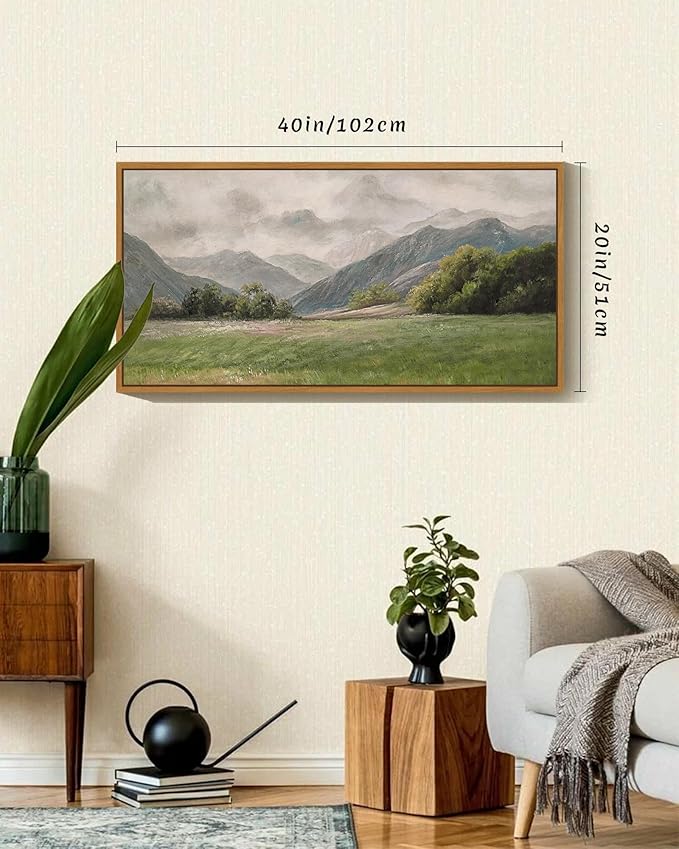 SHENIFY 20x40in Extra Large Vintage Framed Wall Art Prairie and Mountain Landscape Painting Retro Meadow Scenery Farmhouse Bedroom Above of Bed Living Room Decor - Natural Framed