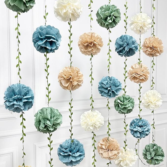 Sage Green Dusty Blue Khaki Beige Tissue Paper Flowers Pom Pom with Leaf Ribbon Hanging Garland Streamer for Birthday Baby Shower Wedding Engagement Silly Goose Themed Party Decorations Supplies