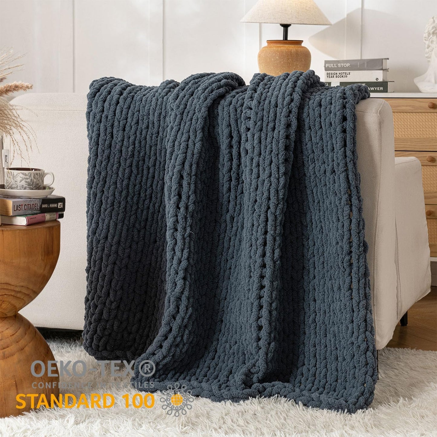 Chunky Knit Blanket Throw, 100% Hand Knit Throw Blanket Handmade Chenille Cable Knit Throw for Couch, Stylish Cozy Soft Rope Knot Crochet Blanket for Home Decor, Blue Mirage, 40x50 Inches