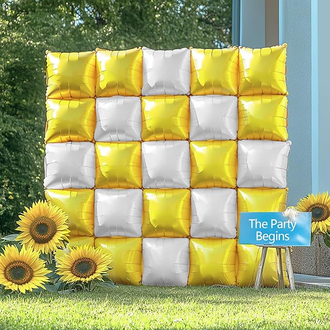 NISOCY 25PCS Yellow White Square Foil Balloons Wall Backdrop Double Sided Yellow Pearl White Balloons Arch Kit for Birthday Wedding Anniversary Baby Bridal Shower Party Decorations