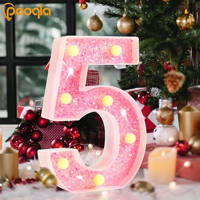 Pooqla Marquee Numbers, Pink Light Up Numbers for Girls 8th 18th Birthday, Battery Powered Glitter Number Night Light Gift for Christmas Bedroom Dorm Classroom Party Decoration, Pink Number 8