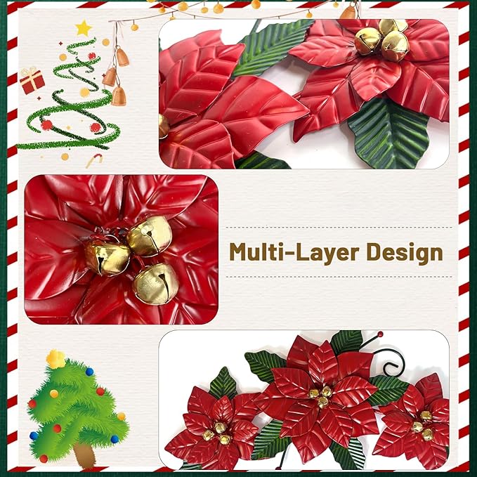 LIFFY Christmas Wall Decor Metal Poinsettia Christmas Decorations Wall Art Hanging for Indoor/Outdoor, Xmas Holiday Festive Centerpiece Decor for Living Room, Bedroom, Porch, Garden- 15" Long