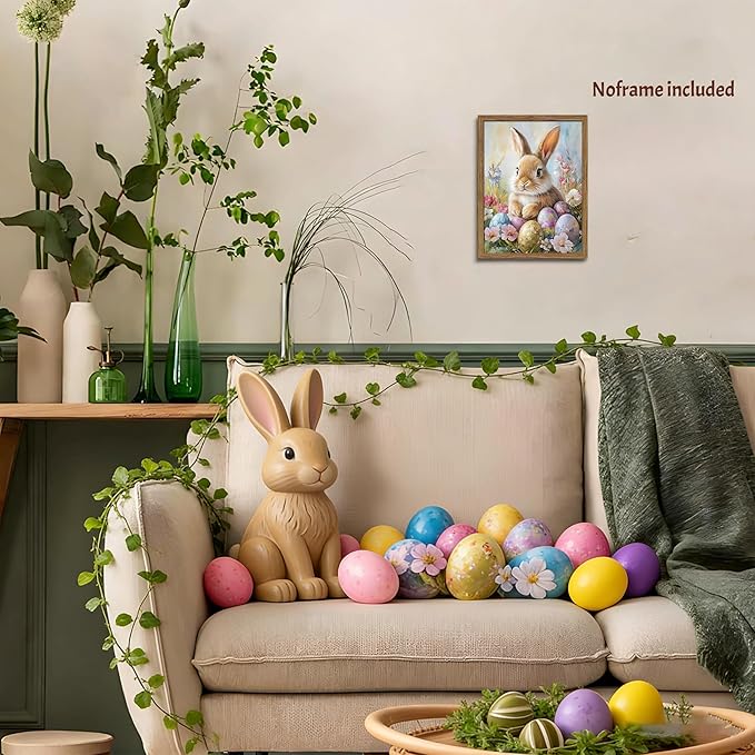 Easter Bunny Wall Art Poster, Cute Bunny with Eggs Picture Prints, Vintage Cottage Holiday Theme Canvas Artwork, Modern Farmhouse Wall Decor for Kids Room Bedroom Living Room 12x16in Unframed