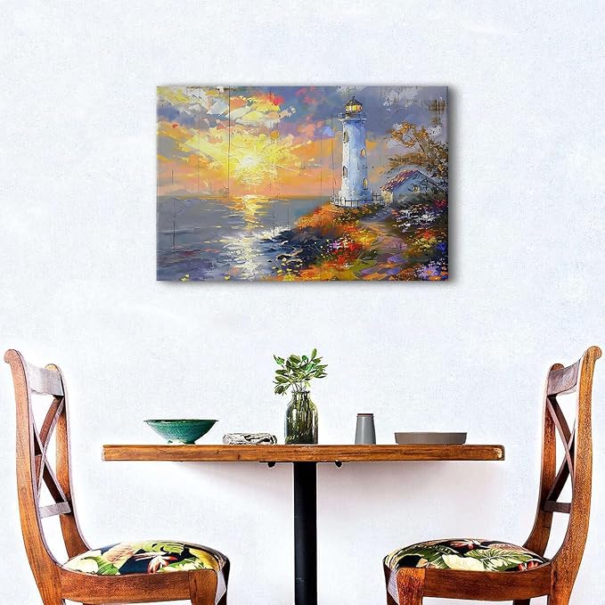 Sunset Coastal Wall Art Lighthouse Pictures Abstract Nature Beach Scenery Canvas Prints Ocean Landscape Wall Decor Seascape Poster Painting Artwork for Bedroom Bathroom Home Decorations 16x24"