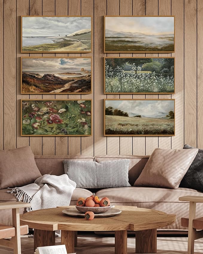 SHENIFY Vintage Framed Wall Art Seaside Path Wilderness Landscape Painting Retro Coastal Scenery Farmhouse Kitchen Living Room Decor - 8x16in Natural Framed
