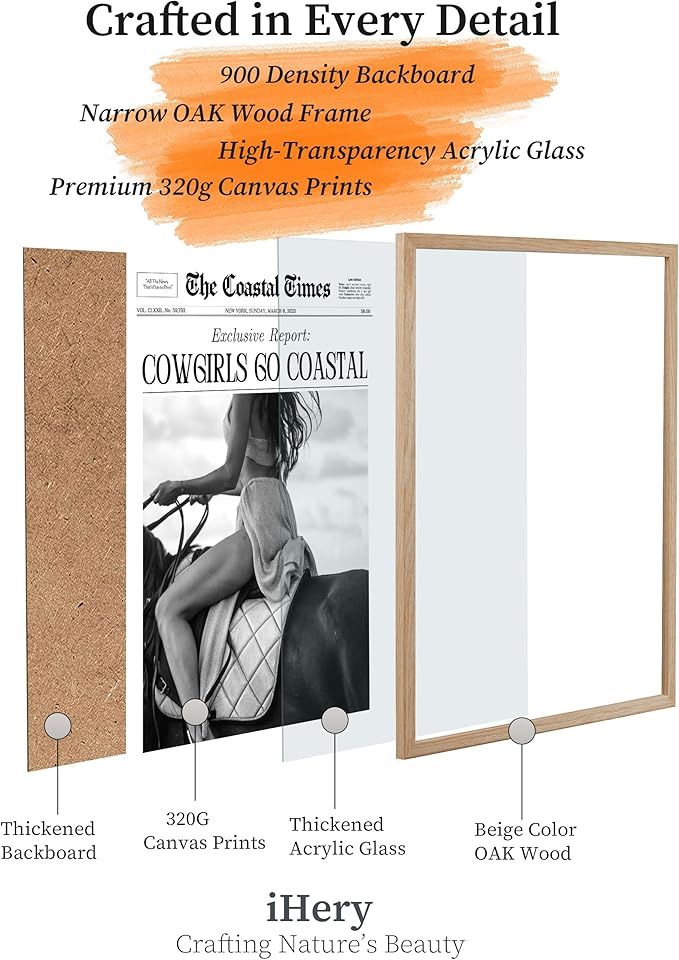 iHery Cowgirls Go Coastal Framed NewsPaper Canvas Wall Art,Natural OAK Wood 12x16in Wall Decor For Bedroom, Trendy Western Horseback Riding Times for Dorm Living Room, Home Décor 1Pack