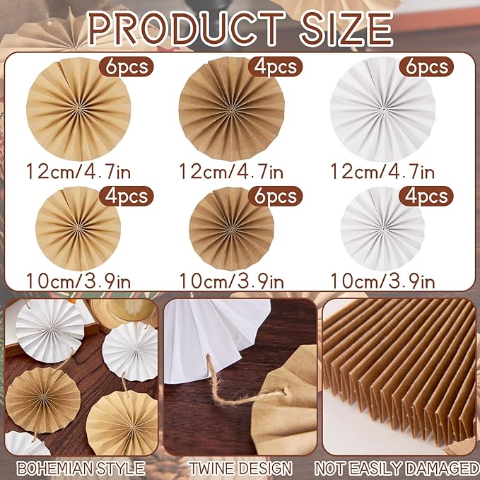 Easy Joy Boho Hanging Paper Fans Neutral Rustic Paper Fans Garland White Brown Party Decorations for Boho Party Baby Shower Birthday Wedding Bridal Classroom Decor