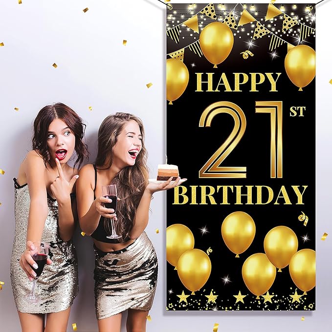 Vicycaty 21st Birthday Decorations for Him & Her, Fabric Happy 21st Birthday Banner Backdrop, 21 Photo Props, Wall Decor, Yard Sign Supplies,Party Decor for Men Women, Black Gold,Indoor Outdoor Use