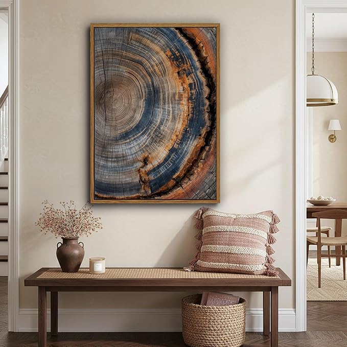 IBHJSART Framed Tree Ring Canvas Wall Art Vintage Colorful Wood Stump Painting Prints Modern Minimalist Pictures Neutral Nature Rustic Farmhouse Decor Living Room Bedroom Bathroom Office 12"x16" Natural Framed