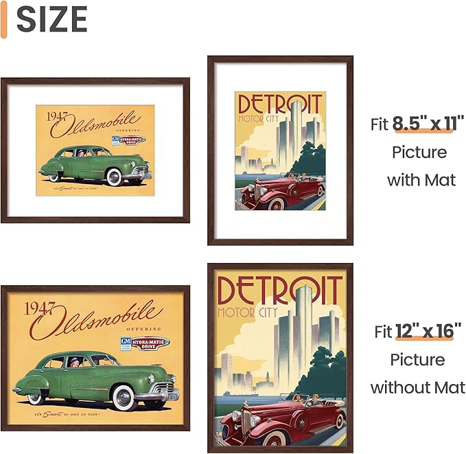 upsimples 12x16 Picture Frame Set of 5, Display Pictures 8.5x11 with Mat or 12 x 16 Without, Wall Gallery Poster Frames, Brown