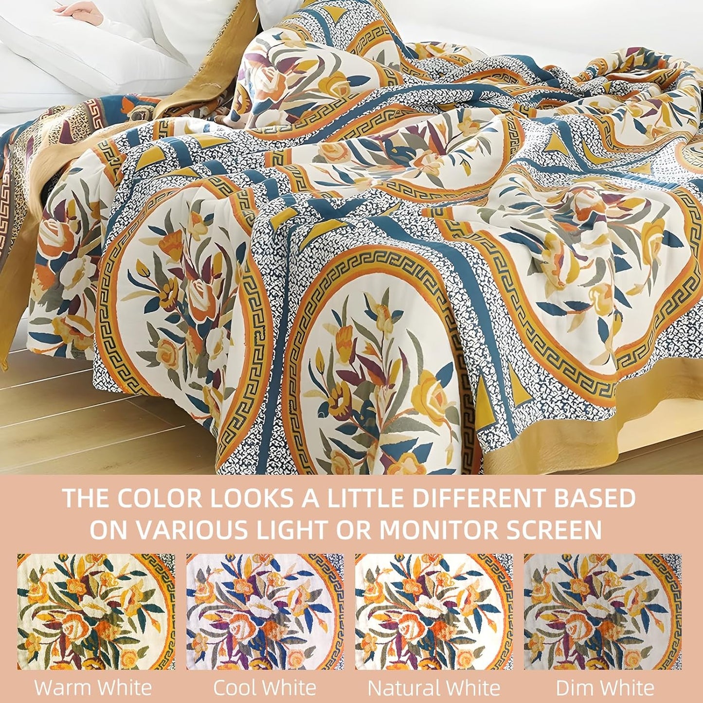 Boho Throw Blanket for Bed - 100% Pure Cotton Ultra Soft Rustic Quilt - Farmhouse Decor Bed Blankets, All Season Rustic Throw for Sofa Couch Chair(80''x 90'', Floral)
