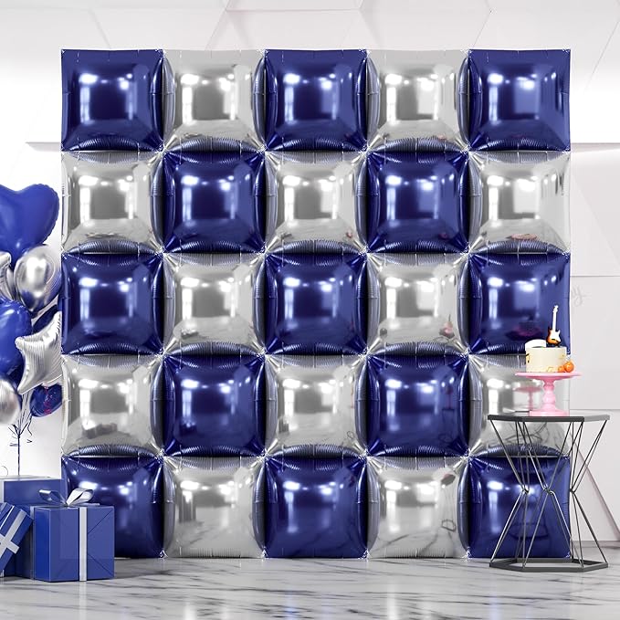 NISOCY 25PCS Blue Silver Square Foil Balloons Wall Backdrop Double Sided Navy Blue Silver Balloons Arch Kit for New Year Birthday Graduation Wedding Baby Bridal Shower Anniversary Party Decorations