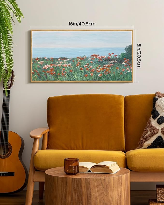 SHENIFY Vintage Framed Wall Art Coastal Wildflower Field Poppy Flower Landscape Scenery Home Decor Retro Decorations for Farmhouse Bedroom Ready to Hang Wall Artwork - 8x16in Natural Framed