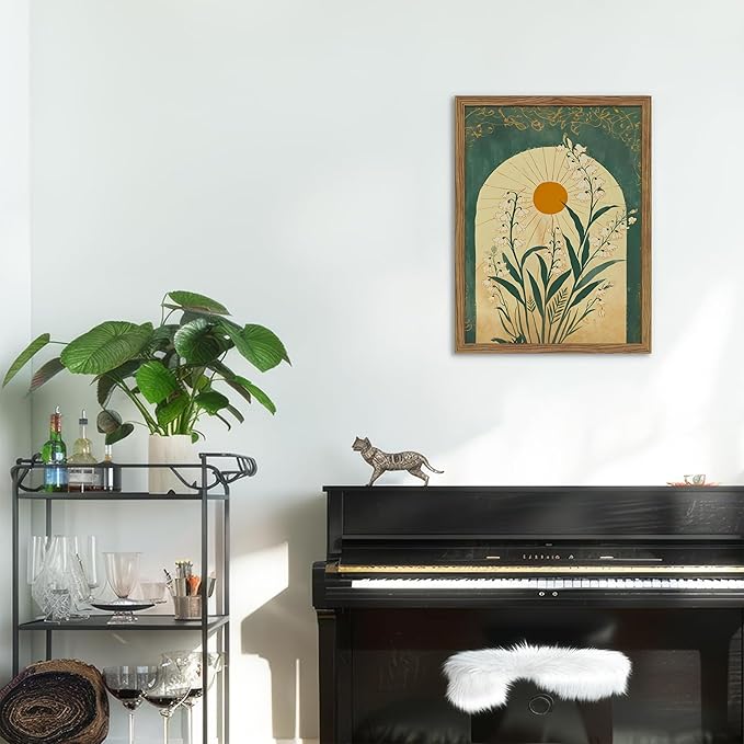 Framed Boho Wall Art, Lily of the Valley Emerald Green Sun Canvas, Mystical Country Botanical Wall Decor, Spiritual Flowers Poster Pictures Print for Bedroom Living Room – 12x16 inch