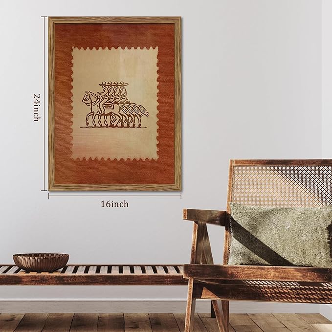 Framed Rustic Stamp Wall Art, Vintage Mexico Cowboys on Horseback Wall Decor, Earthy Tones Western Cowboy Canvas, Modern Farmhouse Pictures Prints for Bedroom Living Room – 16x24 inch