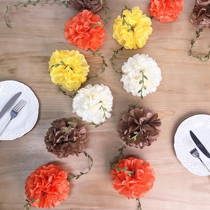 Fall Party Decorations Orange Yellow Brown Beige Tissue Paper Flowers Pom Pom Leaf Ribbon Hanging Garland Streamer for Thanksgiving Harvest Birthday Bachelorette Baby Shower Wedding Party Supplies