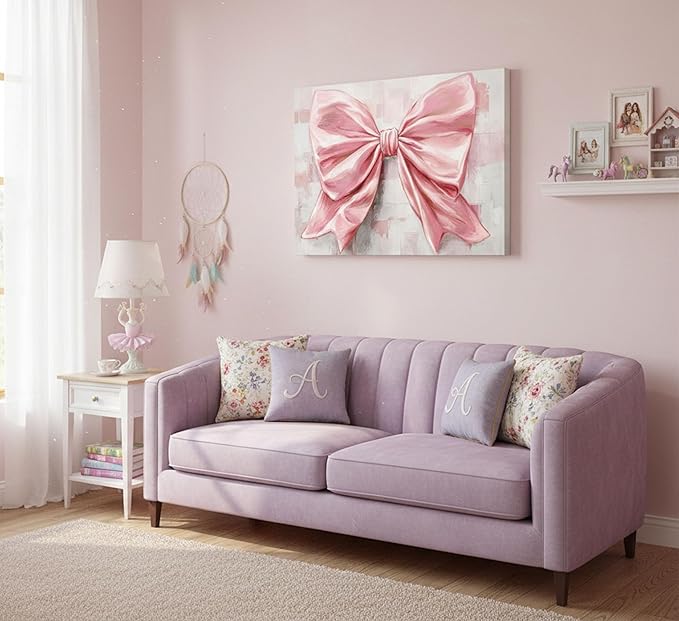 Pink Bow Canvas Wall Art Trendy Cute Preppy Watercolor Bow Painting Pictures Wall Decor Posters Prints Girly Aesthetic for College Apartment Bedroom Decoration