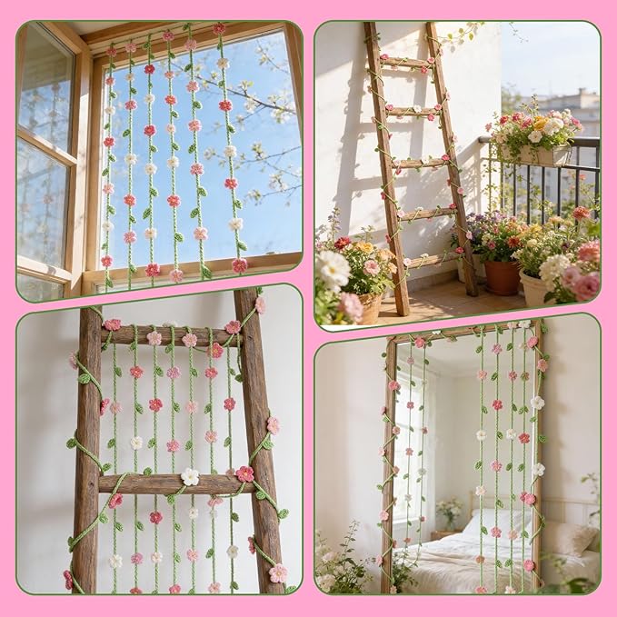 12 Pcs Handmade Crochet Flower Garland Decor Knitting Spring Floral Garland Hanging Ornaments Boho Door Curtains Decoration for Backdrop Wall Window Fireplace Bedroom Birthday Wedding Party