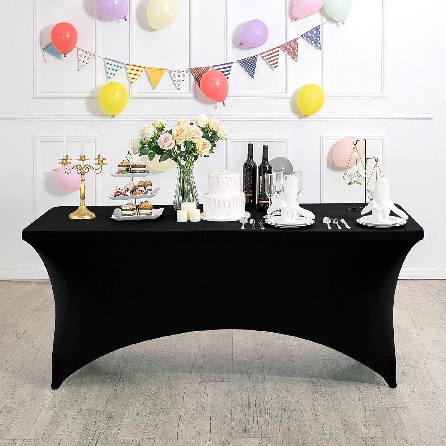 2Pack Spandex Table Cover for 8FT or 4ft or 6ft Table Universal Fitted Stretch Tablecloth for Party, Banquet, Wedding and Events-Black