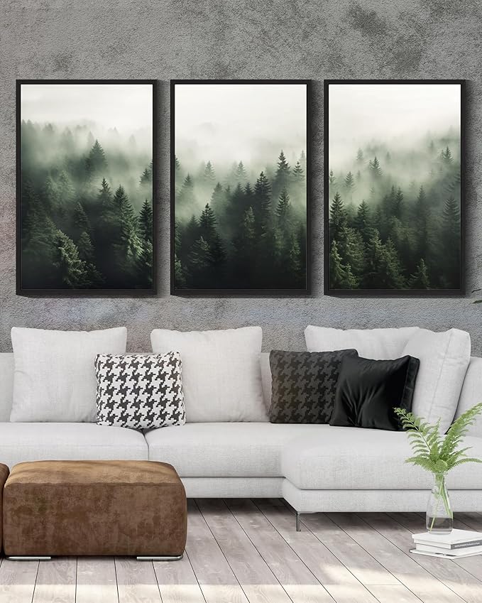 SHENIFY Green Fog Pine Tree Forest Canvas Wall Art Large 16x24in Framed Modern Artwork Prints Decor - Black Framed