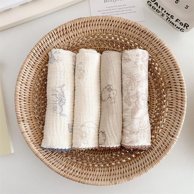 BuLuTu 100% Cotton Muslin Kitchen Towels with Cute Animals Pattern Soft and Super Absorbent Dish Towels Cleaning Rags, 4 Pack 100% Cotton Super Absorbent Multi-Purpose Cleaning Clothes Oil Washable