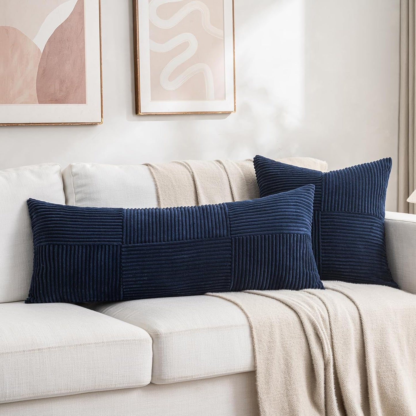 Fancy Homi 2 Packs Navy Blue Decorative Throw Pillow Covers 18x18 Inch for Living Room Couch Bed, Rustic Farmhouse Boho Home Decor, Soft Corss Corduroy Patchwork Textured Square Cushion Case 45x45 cm