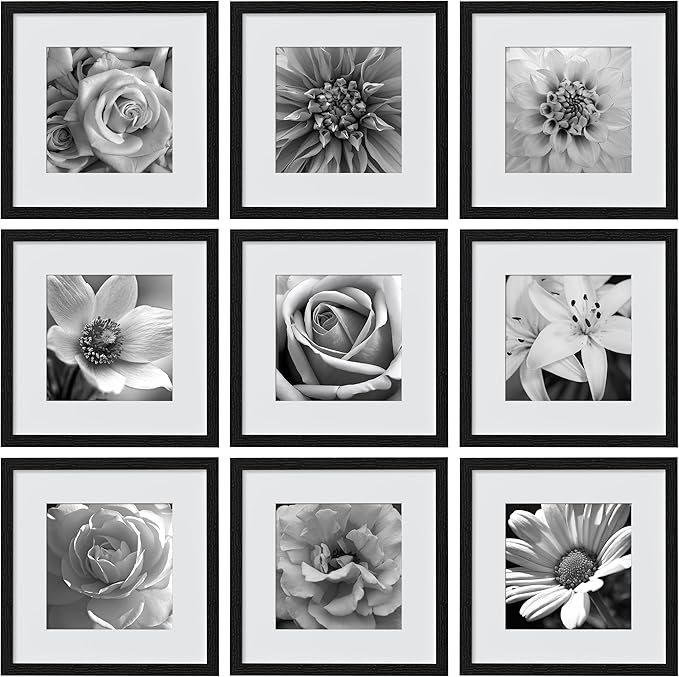 eletecpro 14x14 Picture Frames Set of 9, Classic Gallery Wall Frame Set Displays 10x10 Photos with Mat or 14x14 without Mat, Photo Frames Collage Wall Decor, Black Frames for Home Decor