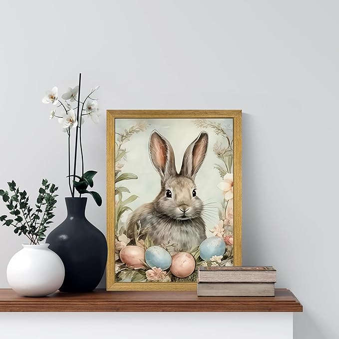 Easter Bunny Wall Art, Vintage Rabbit Canvas Wall Decor, Easter Eggs Poster Print Picture, Spring Farmhouse Animal Painting for Living Room Bedroom Kitchen Holiday Home Decor 12x16 Inch Wood Framed