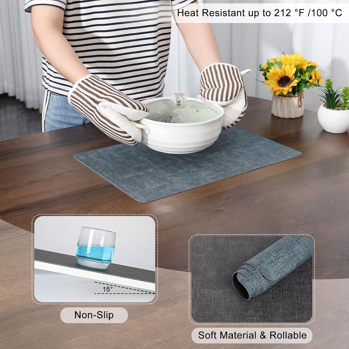 Myir JUN Dual Sided Placemats, Faux Leather Set of 6 Indoor & Outdoor Square Non-Slip Table Mats (Gray Light Blue, Set of 6)