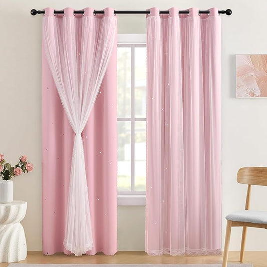 XiDi Light Pink Blackout Curtains for Girls Bedroom 90 Inches Long 2 Panels, Thermal Insulated Room Darkening Drapes for Nursery Living Room Grommet Top Noise Reducing Hollow Star Curtains W34 x L90