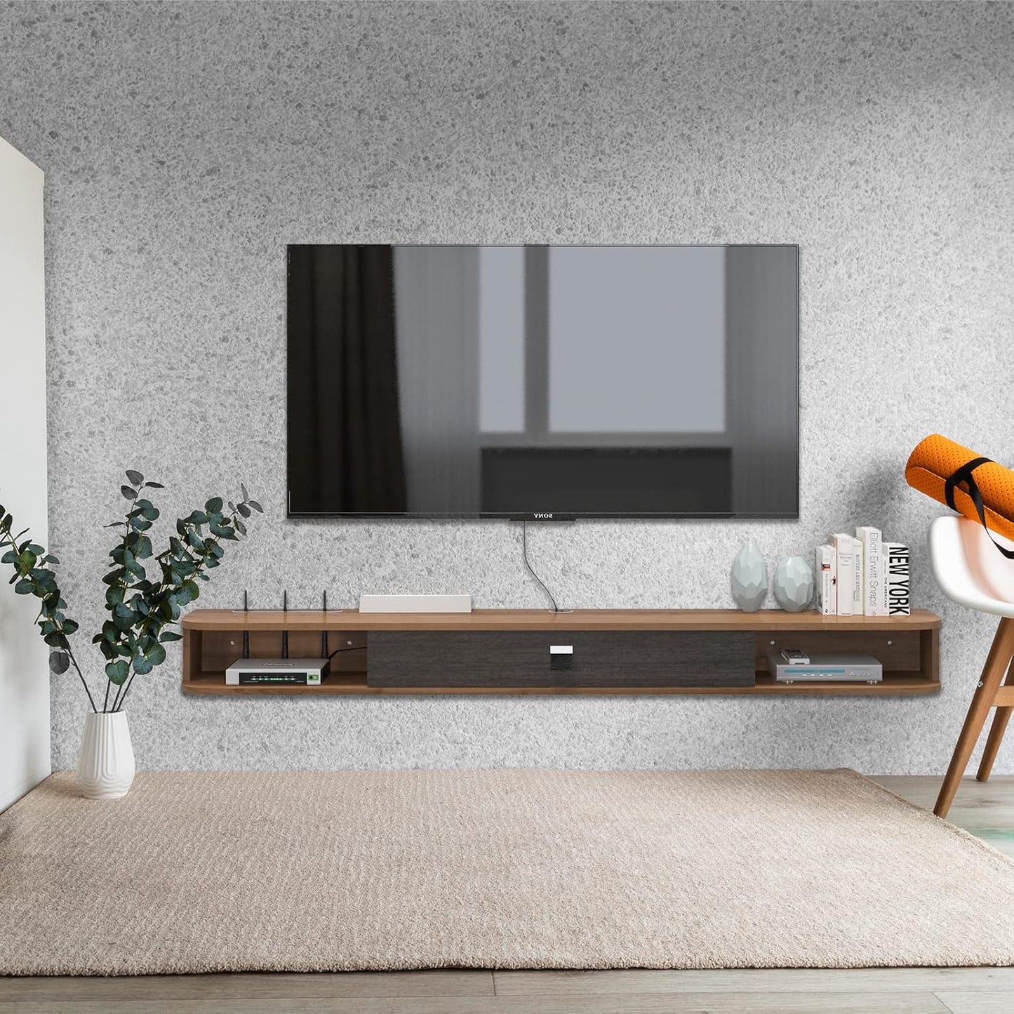 Pmnianhua Floating TV Shelf, 63" Wall Mounted TV Stand Console for Bedroom & Livingroom (Walnut)