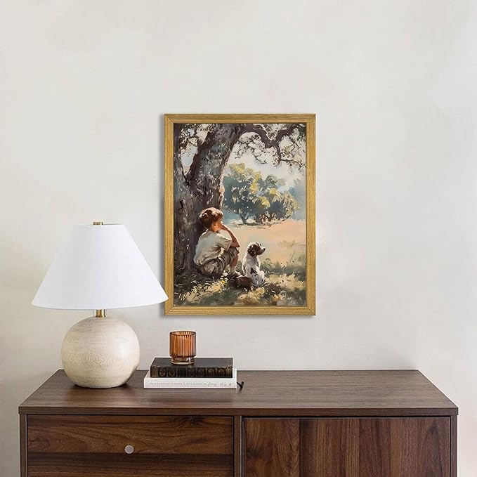 Wood Framed Canvas Wall Art, Vintage Boy and Dog Painting Poster, Countryside Pastoral Landscape Print Picture, Rustic Farmhouse Wall Decor for Living Room Bedroom Nursery 16x24 inch