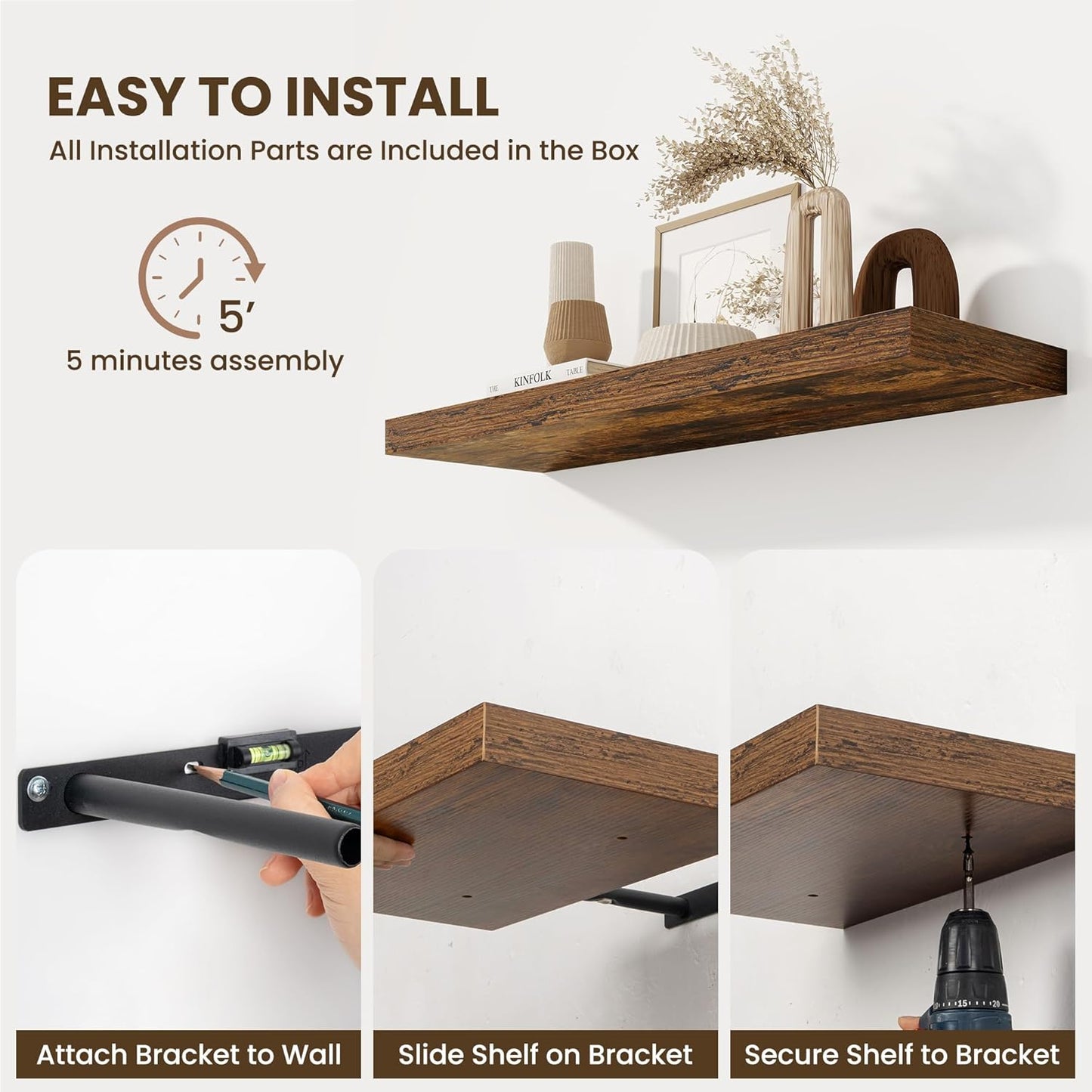 Fun Memories Floating Shelves for Wall - 10" x 10" Wood Shelf with Invisible Bracket - Deep Floating Shelves - 10 Inch Shelf Wall-Mounted for Living Room & Bathroom - Rustic Brown - Set of 2