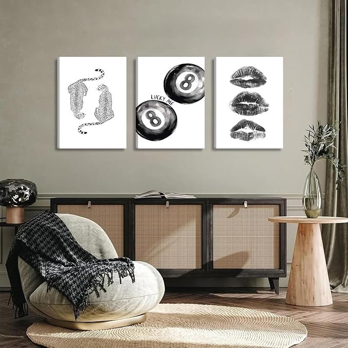 BOKPEN Trendy Black and White Leopard Canvas Wall Art,Funky Y2k Lucky 8 Ball Posters,Retro Kiss Lips Print Picture,Cheetah Prints Aesthetic for Girls Room College Dorm Home Decor (12x16 canvas)
