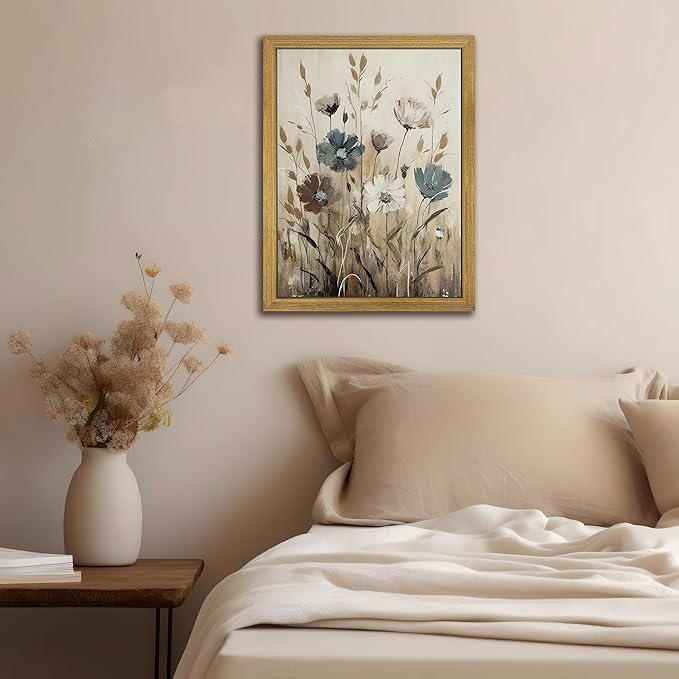 Yaneiro Wood Framed Vintage Wildflower Wall Art, Boho Canvas Wall Decor Paintings, Sage Flower Bathroom Decor, Countryside Farmhouse Landscape Posters Print for Bedroom Hallway Living Room 12x16 Inch