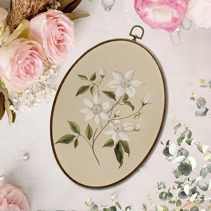 JQF Vintage White Clematis Floral Oval Wall Art, Rustic Cottagecore Neutral Floral Oval Canvas Wall Art, Retro Flower Framed Prints Hanging Decor for Home Bedroom Living Room, 8.5x11.5 Inch