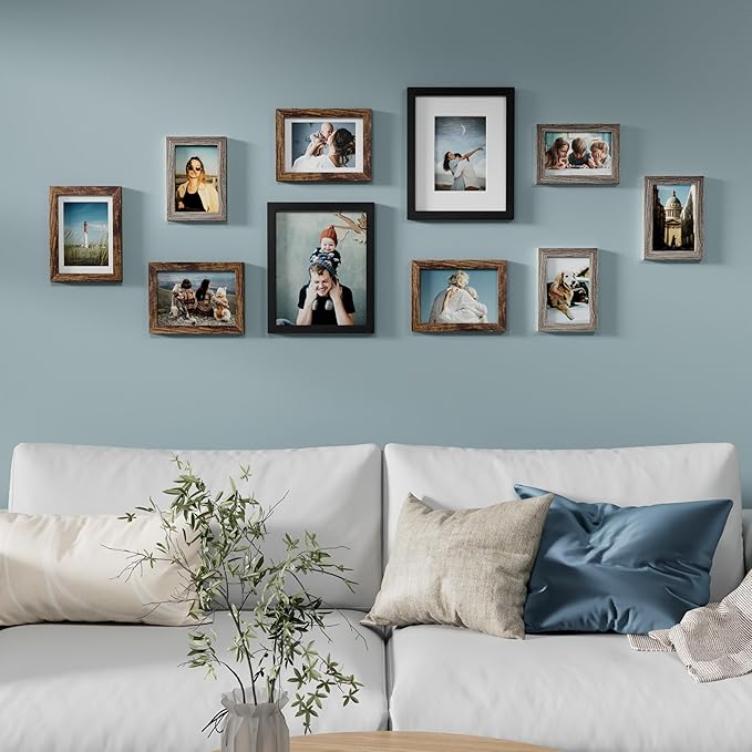 Vittanly Picture Frames Set of 10, Picture Frames Collage Wall Decor with Two 8x10, Four 5x7 and Four 4x6 Photo Frames, Gallery Wall Frame Set for Wall or Tabletop Display, Black, Brown and Dark Grey