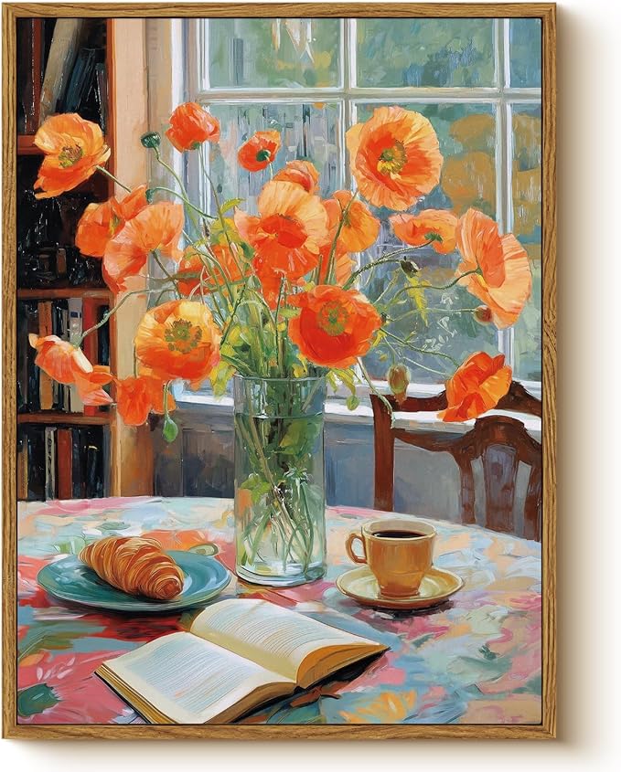 Vintage Framed Wall Art 12x16 Inch Floral Canvas Print with Poppy Flowers, Still Life Oil Painting Coffee Cup and Open Book Artwork, Aesthetic Living Room Bedroom Dining Room Farmhouse Decor Gift