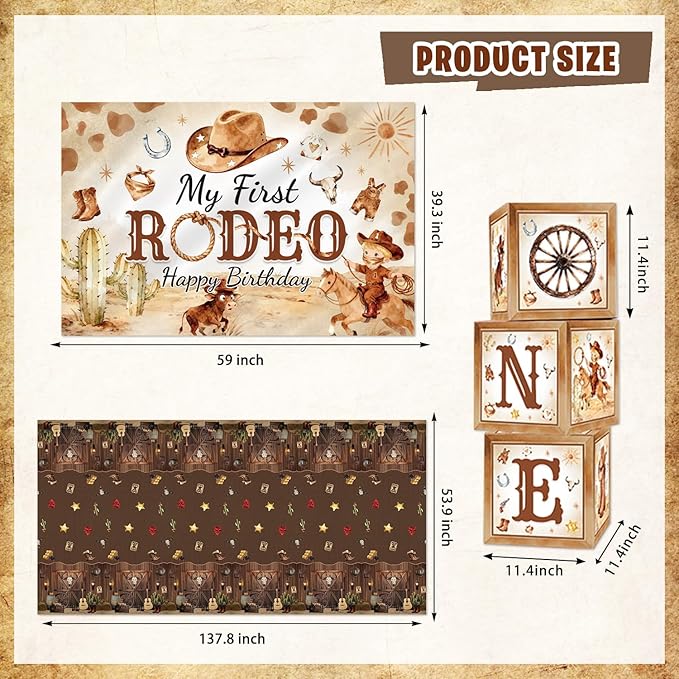 My First Rodeo Birthday Decorations, Wild West Western Cowboy Rodeo 1st Birthday Party Decor Supplies for Boy - Backdrop, High Chair Banner, Bandana, Tablecloth, Poster, Wall Signs, ONE Box