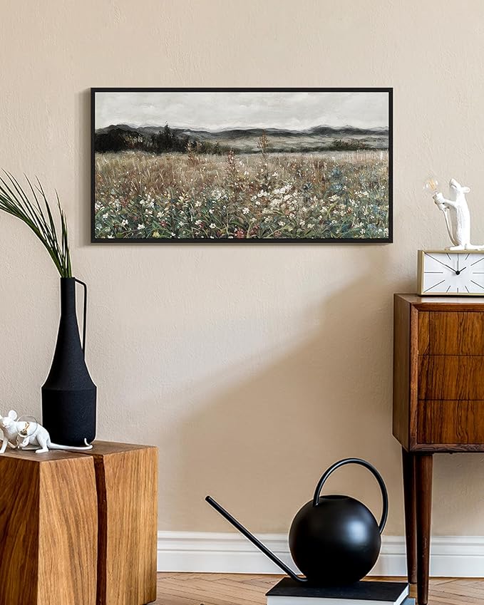 SHENIFY Vintage Landscape Framed Wall Art Meadow Flowers Farmhouse Decor Retro Classic Painting for Kitchen Bedroom Living Room Bathroom - 8x16in Black Framed
