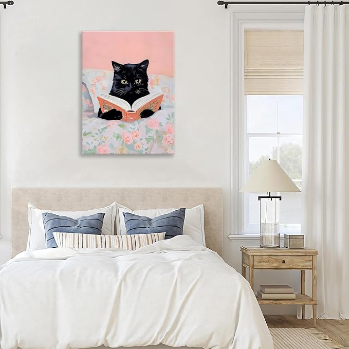 Framed Cats Canvas Wall Art, Funn Black Cat Reading Books Picture Wall Decor, Pink Vintage Animal Poster Prints for Girls Room Bedroom Kids Room Living Room Bathroom Decor 12x16 inch
