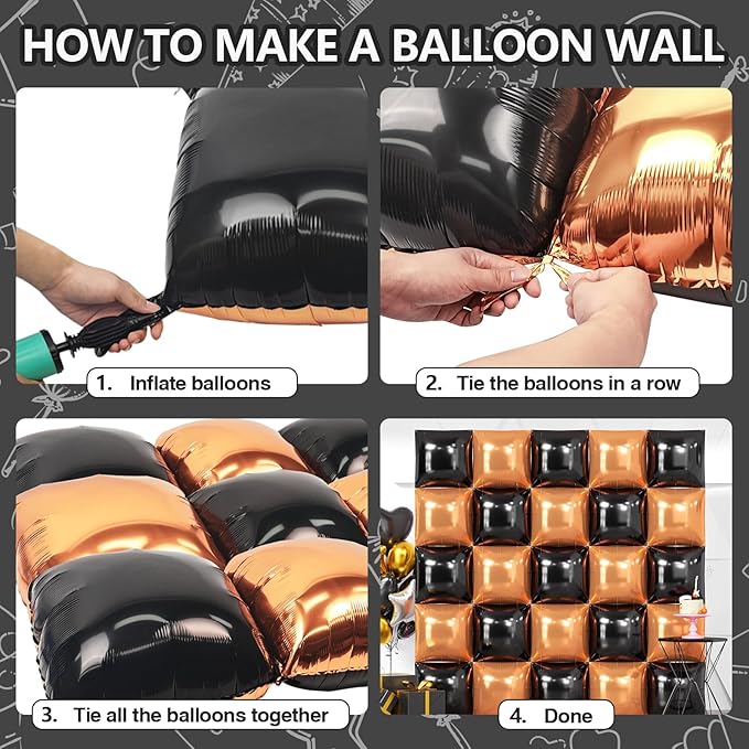 NISOCY 25PCS Black Rose Gold Square Foil Balloons Wall Backdrop Double Sided Black Rose Gold Balloons Arch Kit for Birthday Wedding Engagement Graduation Valentine's Day Party Decorations