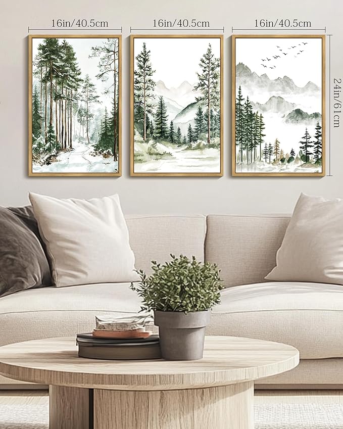 Drsoum Green Tree Forest Mountain Framed Wall Art Nature Landscape Prints Morden Wilderness Artwork Hallway Bedroom Ready to Hang 16x24in Natural Framed
