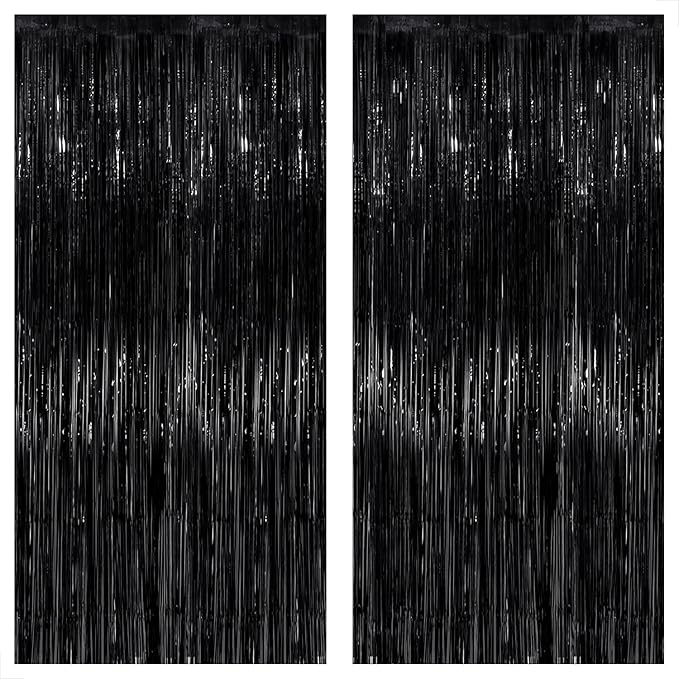 KatchOn XtraLarge Black Streamers - 3.2x8 Feet, Pack of 2 | Fringe Backdrop for Black Party Decorations | Tinsel Backdrop for Graduation Decorations 2026 | Black Streamers Party Decorations