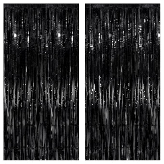 KatchOn XtraLarge Black Streamers - 3.2x8 Feet, Pack of 2 | Fringe Backdrop for Black Party Decorations | Tinsel Backdrop for Graduation Decorations 2026 | Black Streamers Party Decorations