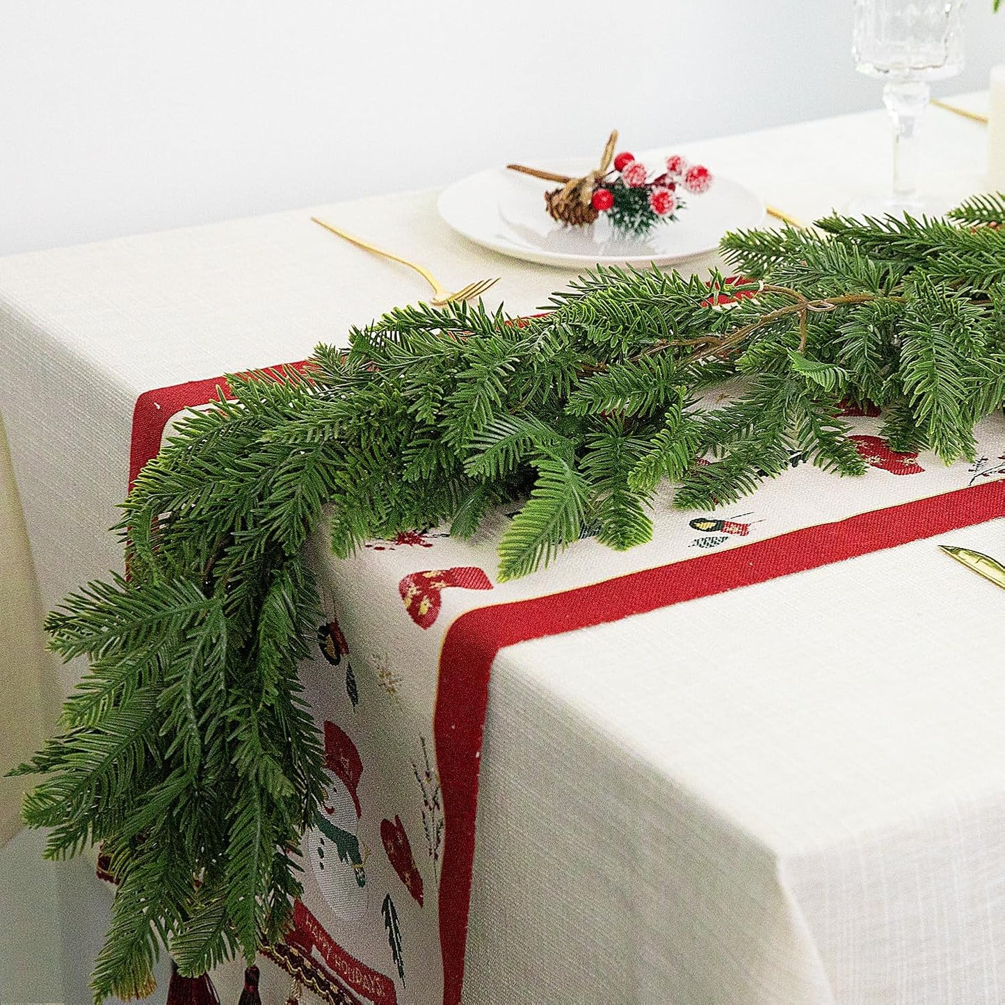 Watayo 2 Pcs Christmas Norfolk Pine Garland, 6 Ft 3 Fork Dense Real Touch Pine Garland Ornament, Realistic Artificial Pines Greenery Garlands for Christmas Holiday Mantle Fireplace Table Home Decor