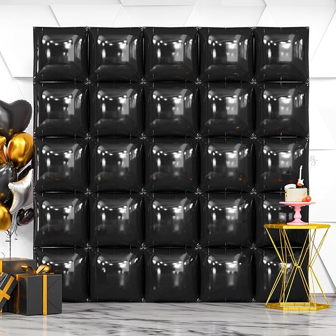 NISOCY 25PCS Black Square Foil Balloons Wall Backdrop Metallic Double Sided Black Balloon Tunnel Arch Kit for 2026 New Year Birthday Baby Shower Graduation Party Decorations