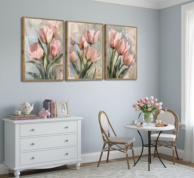 3 Pcs Vintage Pink Tulips Flowers Canvas Wall Art Retro Spring Pink and Green Floral Botanical Paintings Pictures Wall Decor Poster Print Artwork for Living Room Bedroom Home Decoration Unframed
