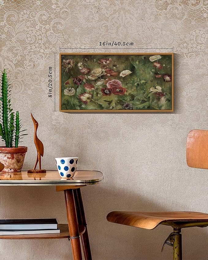 SHENIFY Vintage Framed Wall Art Poppies Flower Landscape Painting Retro Red Floral Scenery Farmhouse Kitchen Living Room Decor - 8x16in Natural Framed